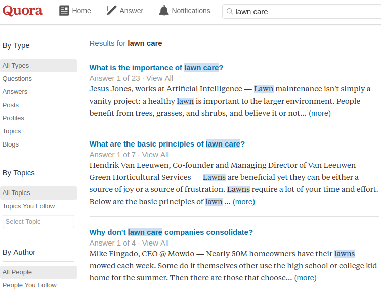 After submitting your topics to the Quora search bar, you'll be redirected to the results page where you can find a broad list of questions for your submitted topic.